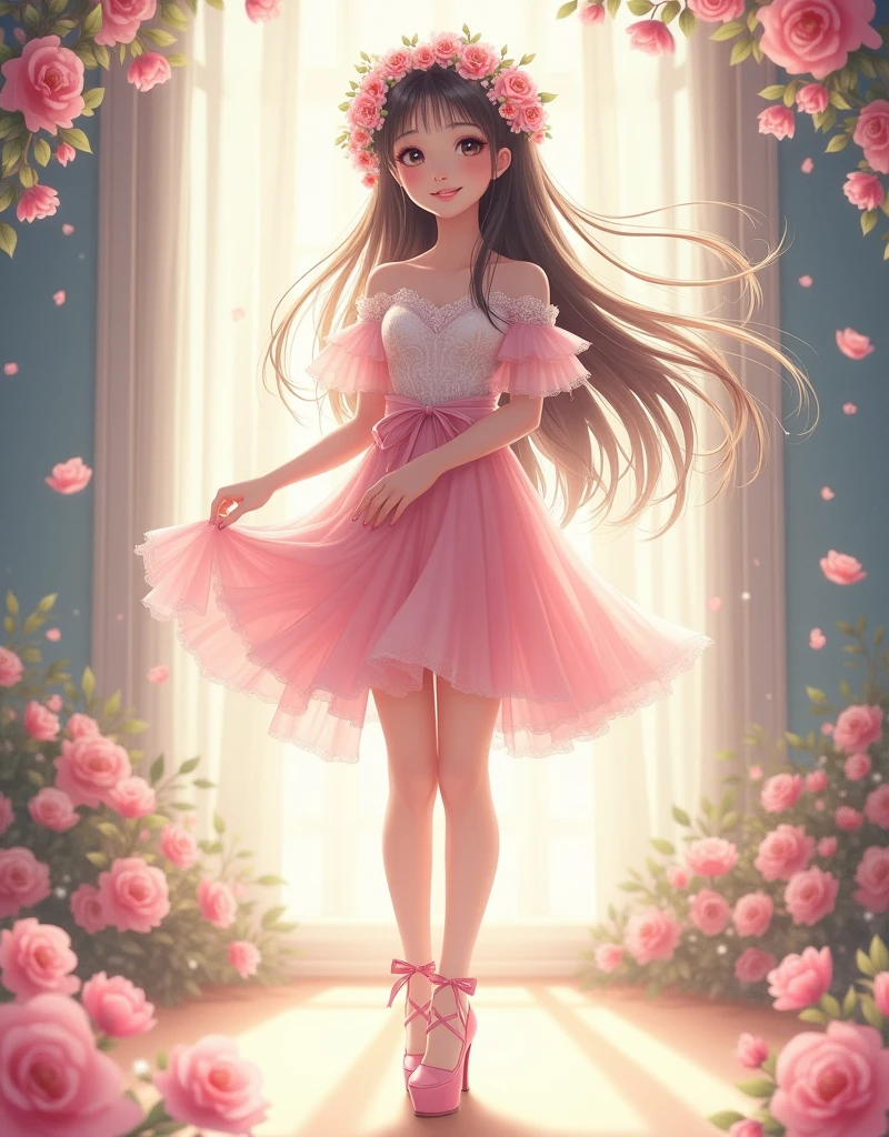 Ultra high quality，Long legs，Smile，Sunlight passing through the body，Lace off-the-shoulder，Wear flowers on your head，student，charming，Ribbon，Pink skirt，High heel