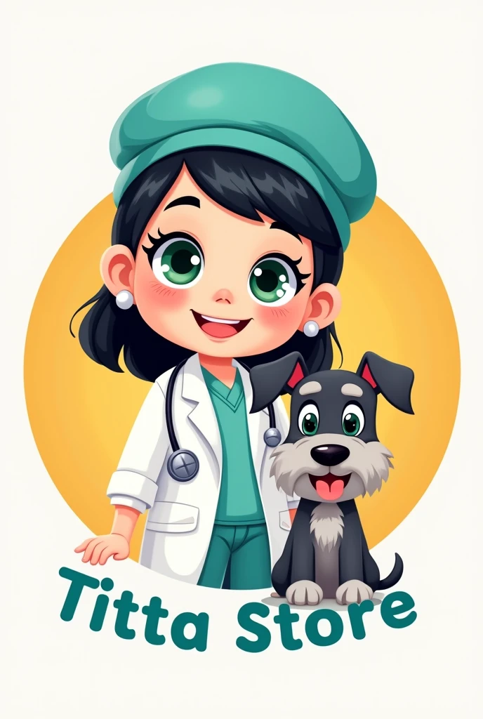  Logo for a surgical cap company " element that should go in the image" which is called titta store"WORDS THAT HAVE TO GO IN THE IMAGE "which has with:
1. a chubby girl with green eyes , doctor and black hair and 2. pet a schnauzer breed dog named nala 

