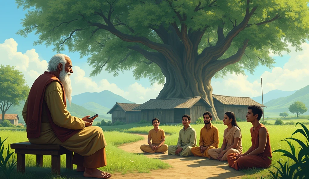 "A serene, rural village setting with simple houses, lush green fields, and a large banyan tree under which an elderly man sits. The elderly man, with a kind and wise expression, has white hair and a long beard. He is dressed in simple, traditional clothing and sits on a low wooden stool. Villagers are seen around him, some standing, others sitting on the ground, attentively listening to him as he offers advice. The atmosphere is calm and filled with respect."