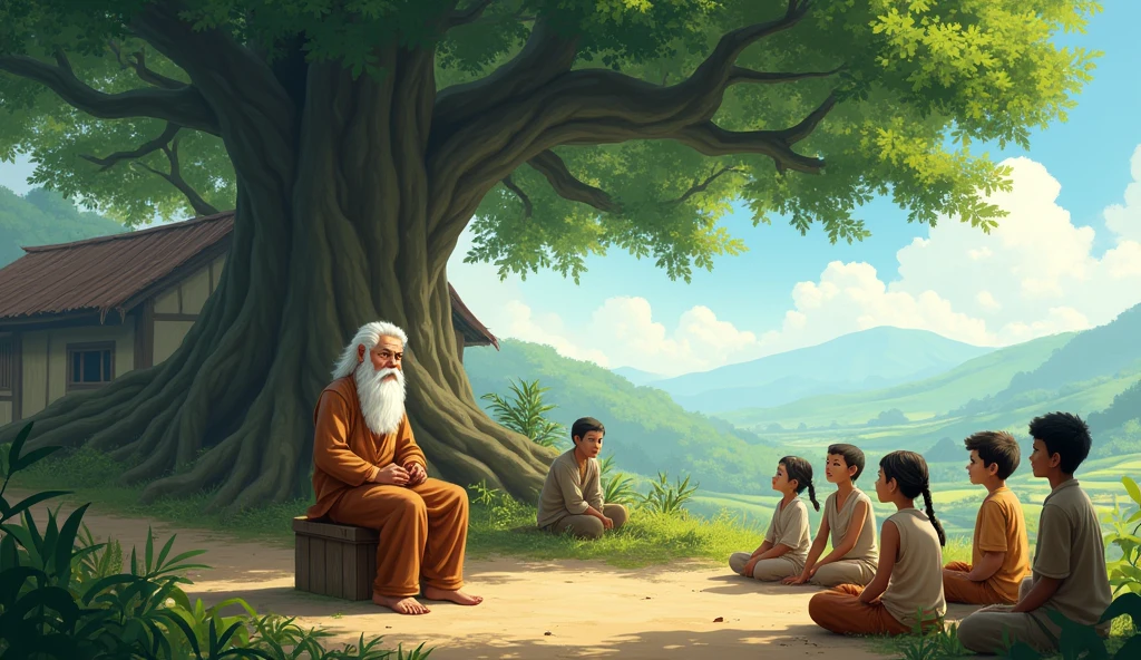 "A serene, rural village setting with simple houses, lush green fields, and a large banyan tree under which an elderly man sits. The elderly man, with a kind and wise expression, has white hair and a long beard. He is dressed in simple, traditional clothing and sits on a low wooden stool. Villagers are seen around him, some standing, others sitting on the ground, attentively listening to him as he offers advice. The atmosphere is calm and filled with respect."