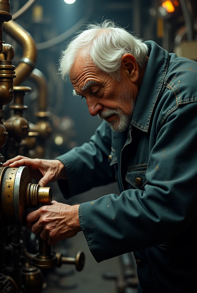 A skilled elderly engineer carefully inspects a ship's engine



