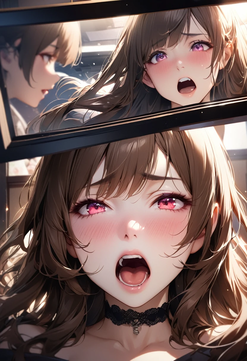 Highest quality, Bright interior,Japanese Idols, Straight Long Hair、bangs、Award-winning photo, Very detailed, Edge Orgasm, Face Focus, (Woman with open mouth ), Brown Hair、 News anchor、Glowing Skin、Bedroom, Black choker、Upper body close-up,Realistic nostrils、Browsing Caution,Long Hair、Big Breasts、Yui Aragaki、Black lace underwear
