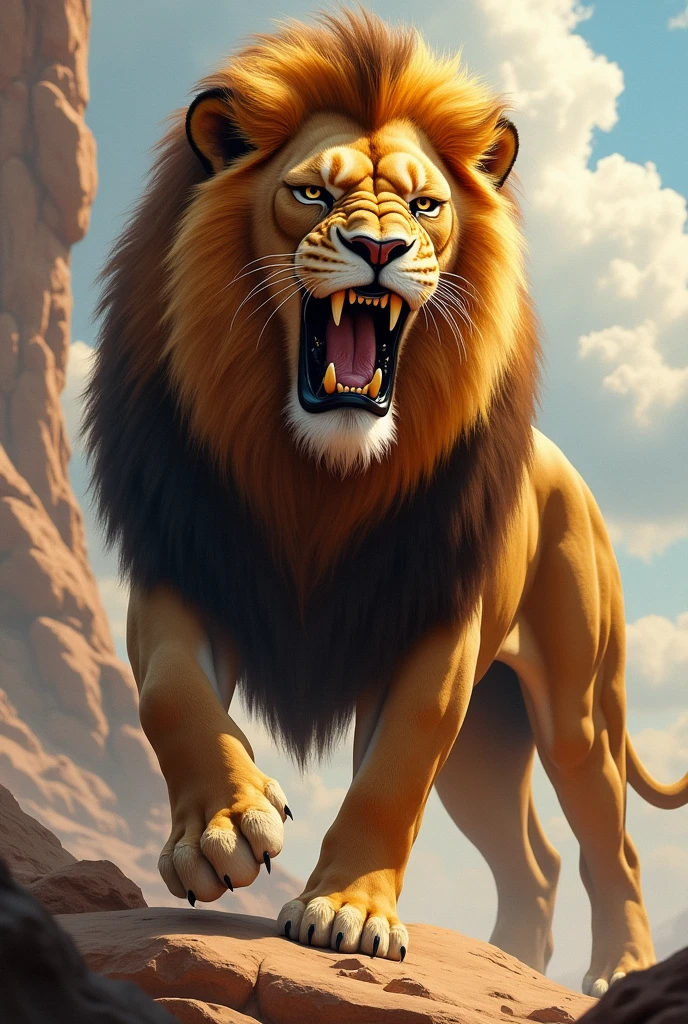 full-page illustration of Lion stepping forward, his mane flowing
majestically, as he declares his claim to the throne.