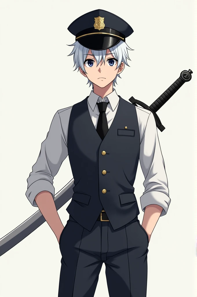 A anime boy, black police hat, white hair, long sword, wear vest, super cool