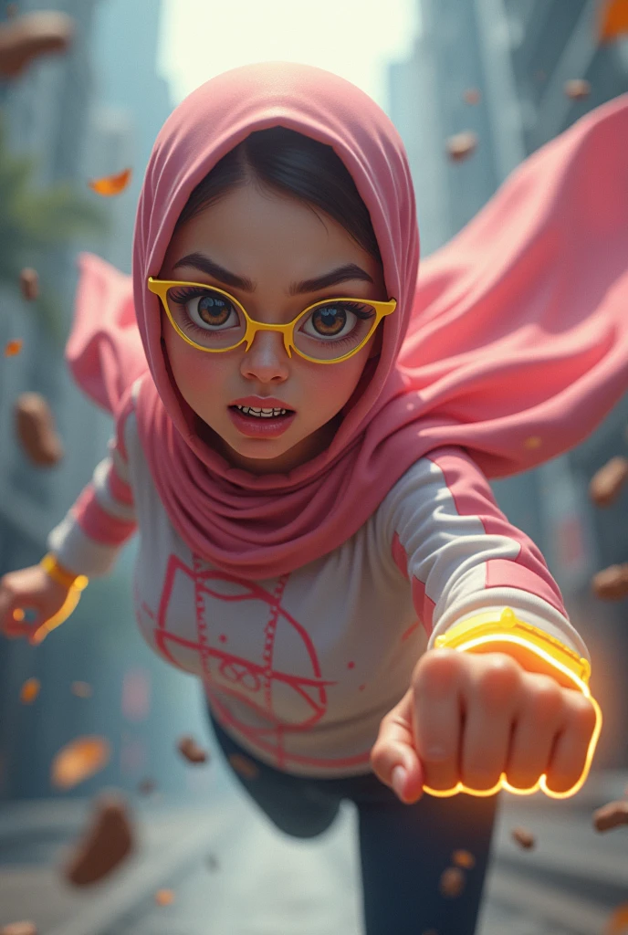 Malaysia women a realistic masterpiece. Human .wear pint watch.. 1girl wearing a hijab, detailed beautiful face, Hijab Muslim. Wear long sleeve moder design pink white pink stripe white. anger face, minimalist flower on shirt. Enger face. Open mouth. Glowing power pink. . Wear pink white.small Safety Pink yellow glasses google spectacle top of the head rubber band. Age 15 year old. Flying position. Fast fly. Panning effect Photography . Jump on and have a super strong power.. punch . Fight pose. Bokeh background.glowing fist.. At the city. Bad waether. , detailed lips, long eyelashes. Hero, modest expression, delicate facial features, natural skin tones, , detailed folds and textures of hijab, natural lighting, high quality, photorealistic, 8k, best quality. Malaysia girl. Floating small stone and dry leave.
Chinese girl average age 15 year old wear jumpa shuit high tech(( blue yellow)). Running effect. Glowing yellow power. Runfast effect. Wear blue big glasses big frame. Braces teeth. Boleh background. Panning effect. Yellow high tech watch.