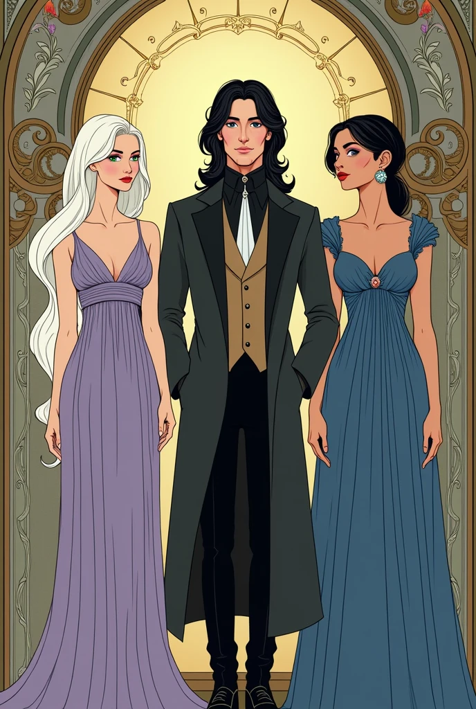 Create an Art Nouveau-style image featuring three characters:An 18-year-old young woman with long, white hair, rainbow-colored eyes, and fair skin. She is dressed in a long, elegant lilac gown, exuding a sophisticated and graceful demeanor. Her personality is cold and empty.A 25-year-old man with long, straight black hair, fair skin, and black eyes. He is wearing a long overcoat and Victorian-era clothing, with a personality that is both sophisticated and elegant.A 21-year-old woman with fair skin, freckles on her face, black wavy hair, and black eyes. She is dressed in a blue Victorian-era gown, with a poised and refined demeanor.The image should include arabesque elements that harmonize with the Art Nouveau style, enhancing the elegance and sophistication of the characters