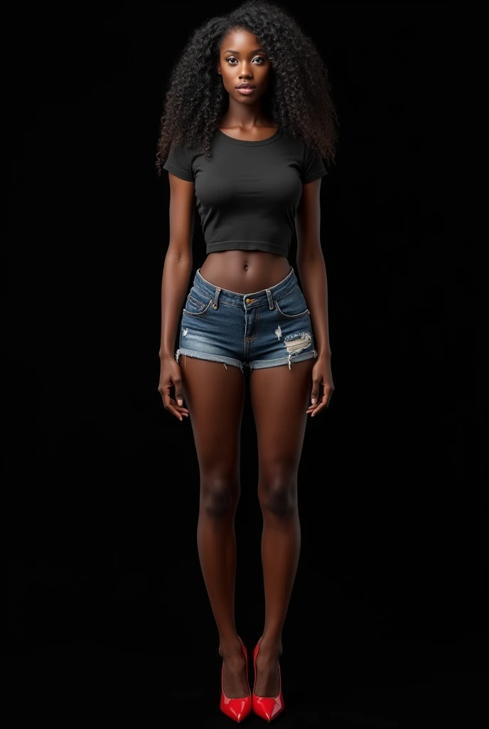 An impressive woman with stunning beauty and perfect proportions, depicted in a full-body shot. She has long, curly hair with defined, natural curls framing her face. Her eyes are a bright, deep blue, contrasting with her intense black skin, similar to the tone of the inhabitants of Ethiopia.
She is wearing a short denim shorts with a slightly worn finish, featuring realistic details such as visible stitching and small stains that add authenticity. Her short cotton T-shirt has a snug fit that reveals her belly button; it shows slight natural wrinkles in the fabric that conform to her figure. The high-heeled red shoes have a glossy finish and details such as light reflections on the material, accentuating her perfect silhouette.
The image should be photorealistic, of the highest quality, with ultra-high resolution and extremely detailed 8K resolution. The black background highlights her silhouette, creating an elegant and modern contrast that allows every nuance of her appearance to be appreciated. The focus is on the beauty of the character's slender body, capturing every detail with precision, from the texture of her skin to the shine of her shoes. The image should have a quality finish suitable for use as a wallpaper, with a photorealistic and raw appearance.