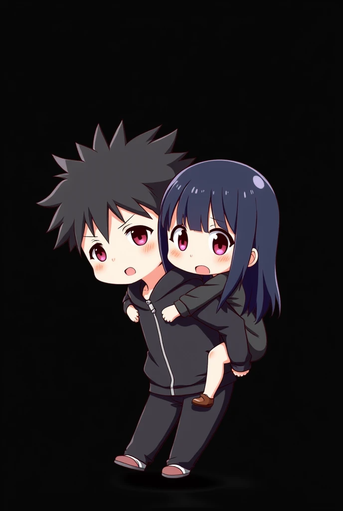 A boy ((( Anime boy , Spiky hair , black hair , black hoodie , blood red eyes , narrowed eye
))) , A girl ((( Anime girl , dark blue hair , modern day mullet hair style , black hoodie , red eyes , almond eye ))) , boy carrying girl , piggy back ride , chibi , blank black background