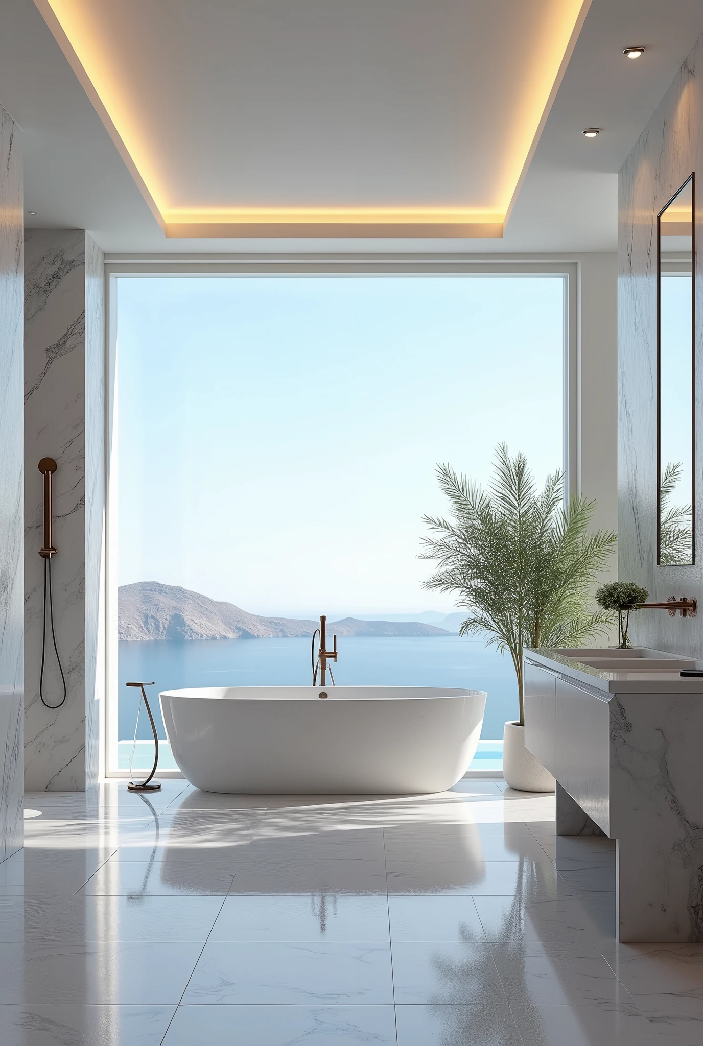(masterpiece:1.2, Highest quality, Ultra-high resolution, Very detailed, Realistic, RAW Photos:1.2, Elaborate photos), 8k, wallpaper, (Ray Tracing), Santorini villa, (Spa-like bathroom with freestanding tub, Marble walls and floors, Rain shower with glass enclosure, View of the Aegean Sea through large windows), A photo that embodies the indulgence of a spa-like bathroom, where luxury and relaxation meet.