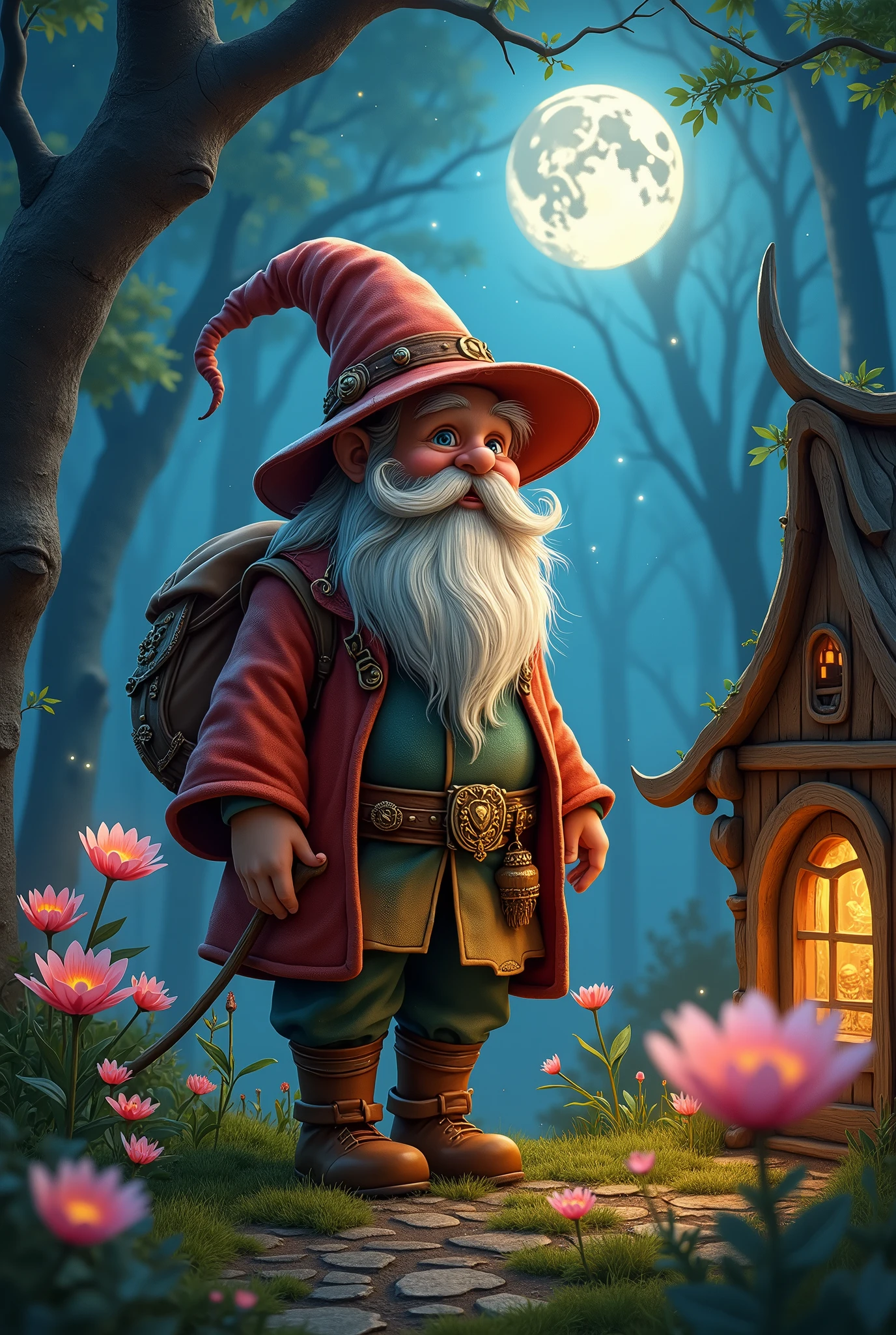 A detailed portrait of a gnome in costume adventuring through a moonlit forest, standing next to a small, elaborately crafted hut. The gnome tends a magical garden filled with large flowers and mystical creatures.