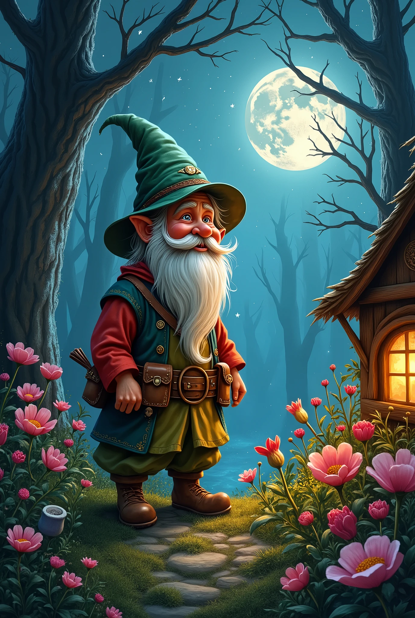 A detailed portrait of a gnome in costume adventuring through a moonlit forest, standing next to a small, elaborately crafted hut. The gnome tends a magical garden filled with large flowers and mystical creatures.