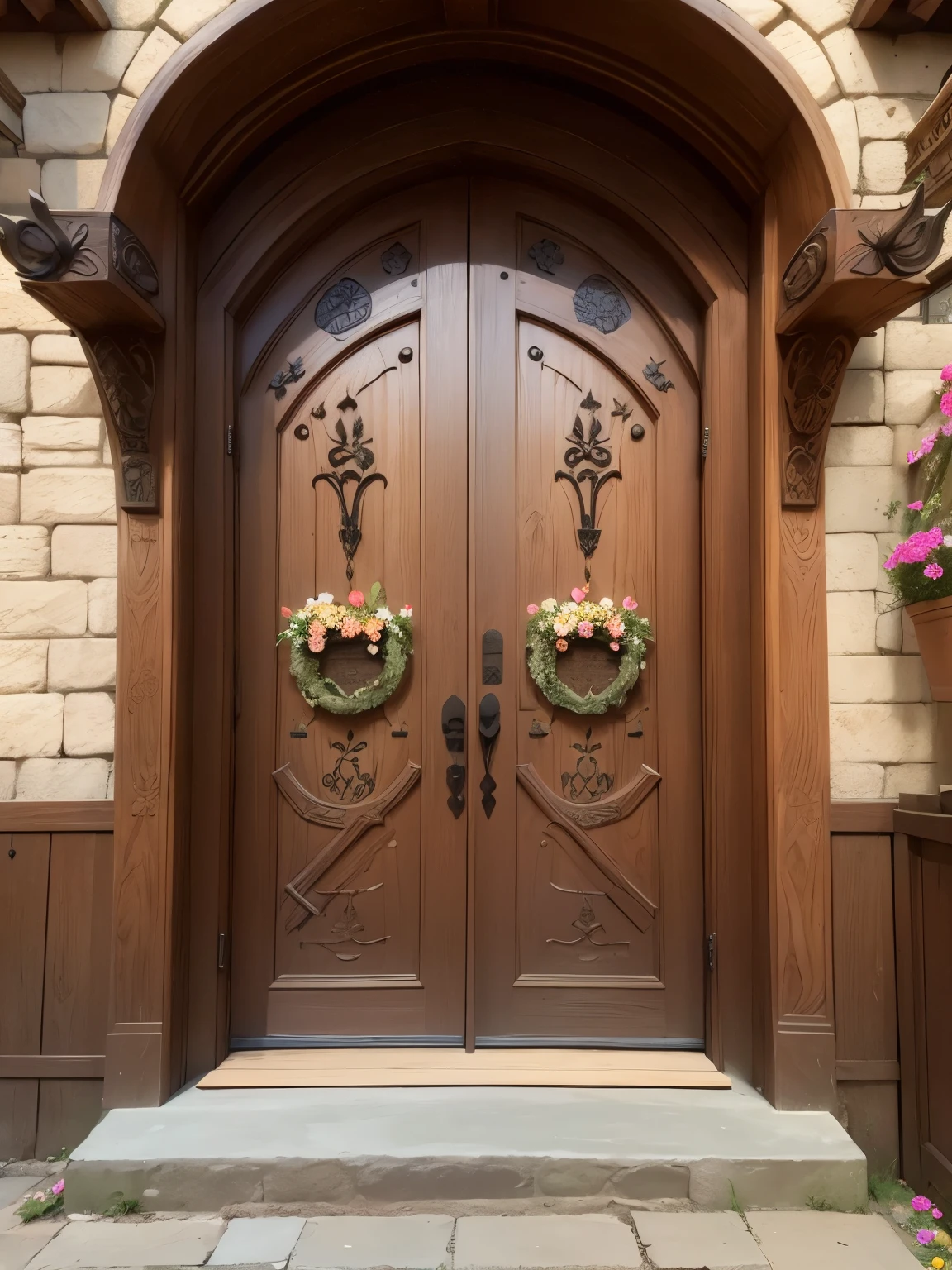 (entrance door in medieval style),(wooden and metal),(with carved arabesques of flowers)