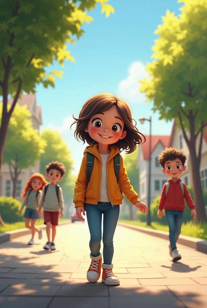 Going to School**: Emma is walking to school, wearing a backpack and casual clothes. The background shows a peaceful neighborhood with trees and other children heading to school. She has a cheerful expression.