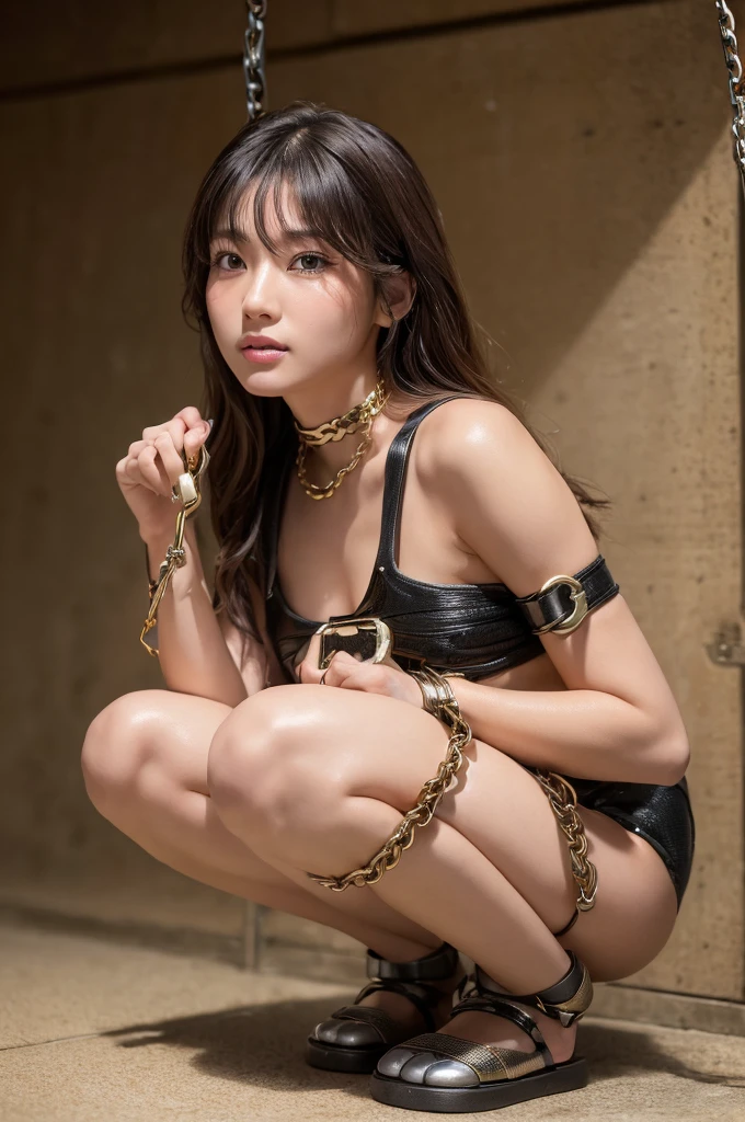 a beautiful japanese girl, detailed face, beautiful eyes, long eyelashes, detailed lips,slim body, tight rope bondage, legs spread, forced urination, squat pose, (best quality,4K,8k,highres,masterpiece:1.2),ultra-detailed,(realistic,photorealistic,photo-realistic:1.37),beautiful lighting,vibrant colors,intricate details,elegant,dramatic,(Handcuffs、Shackles、Perfect human body,裸:1.5)