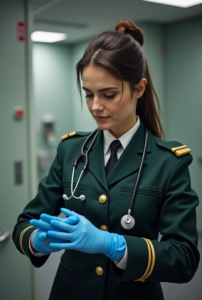 Une femme brune, cheveux attaché en chignon. Elle est capitaine médecin au sein de l'armée française. Elle a un stéthoscope autour du cou et est en train d'enfiler des gants en latex bleus