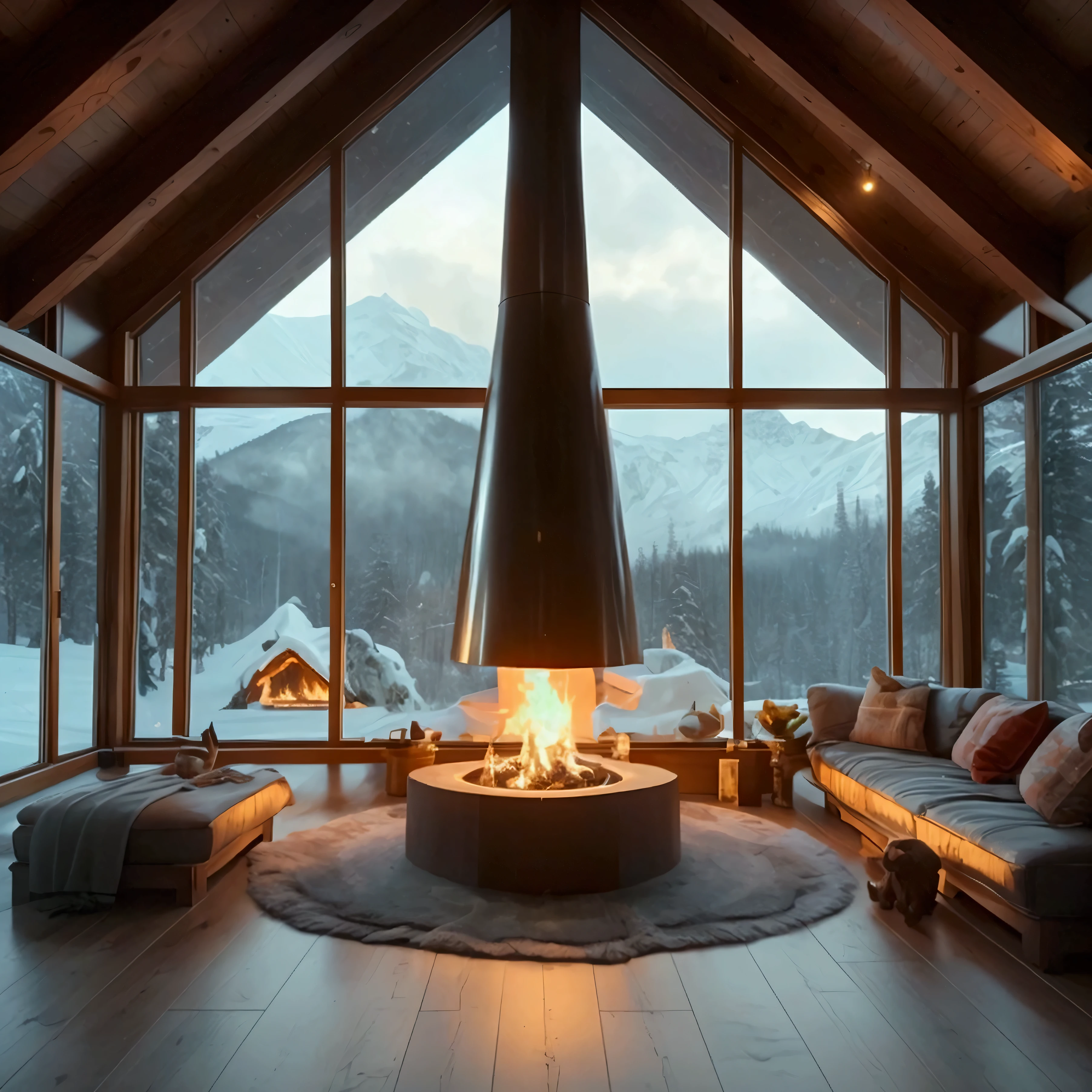 A fire is burning in the fireplace in the center of the picture.。indoor photos。Behind the fireplace is a large glass window.。Real。Depicted in detail。Mountain lodge。