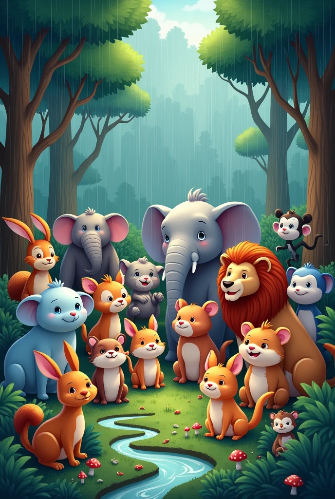 All Animals meeting in forest cartoon,heavy rain,