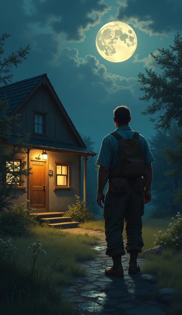 A man in work clothes walks towards the front door of his house in the middle of the night. illuminated by the soft and serene moonlight