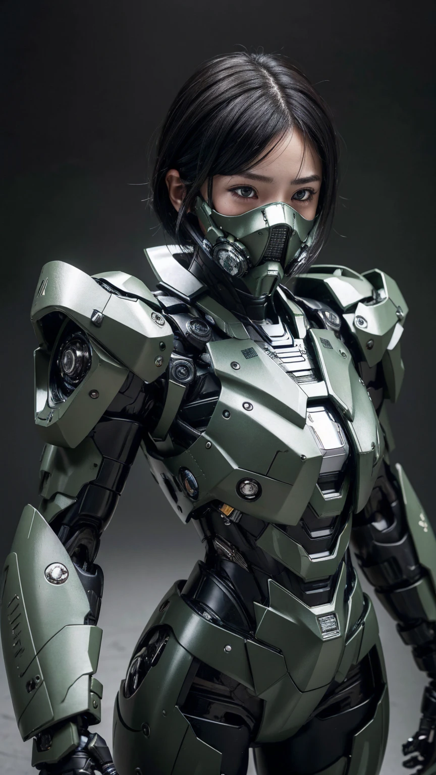Textured skin, Very detailed, Attention to detail, high quality, 最high quality, High resolution, 1080P, hard disk, beautiful,(War Machine),beautifulサイボーグ女性,Mecha Cyborg Girl,BATTLE MODE,Girl with a mechanical body Black Hair Short Hair Boyish Dark green armor Soaked Face Change is over Met Off Steam coming out of the head whole bodyから湯気が吹き出す Feel the expression Please open your mouth wide Snug-fitting headgear Long Nozzle Gas Mask Holding a full-face helmet in your hand front whole body
