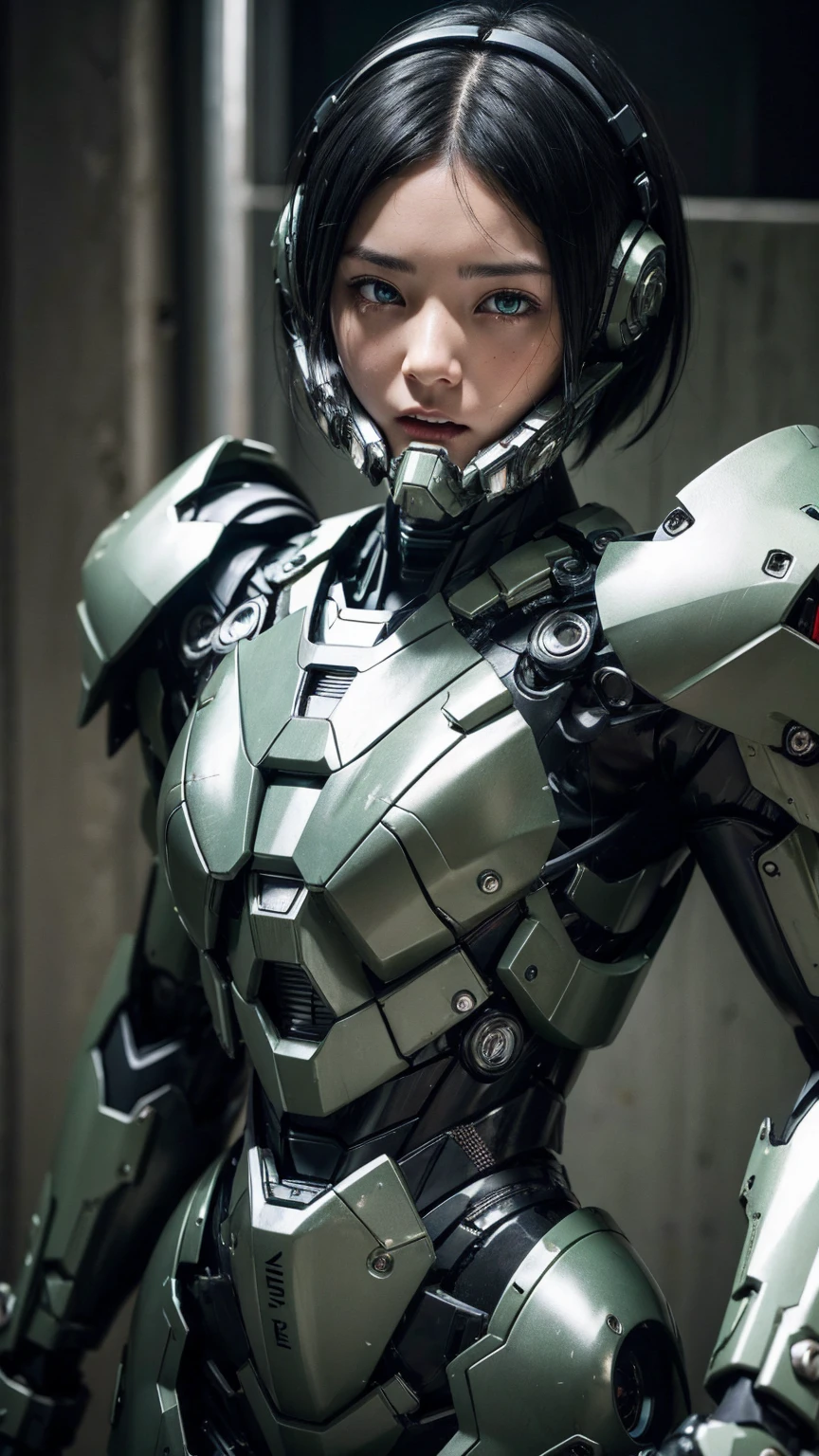 Textured skin, Very detailed, Attention to detail, high quality, 最high quality, High resolution, 1080P, hard disk, beautiful,(War Machine),beautifulサイボーグ女性,Mecha Cyborg Girl,BATTLE MODE,Girl with a mechanical body　Black Hair　Short Hair Boyish　Dark green armor　Soaked Face　Change is over　Met Off　Steam coming out of the head　whole bodyから湯気が吹き出す　Feel the expression　Please open your mouth wide　Snug-fitting headgear　Long Nozzle Gas Mask　Holding a full-face helmet in your hand　front　whole body