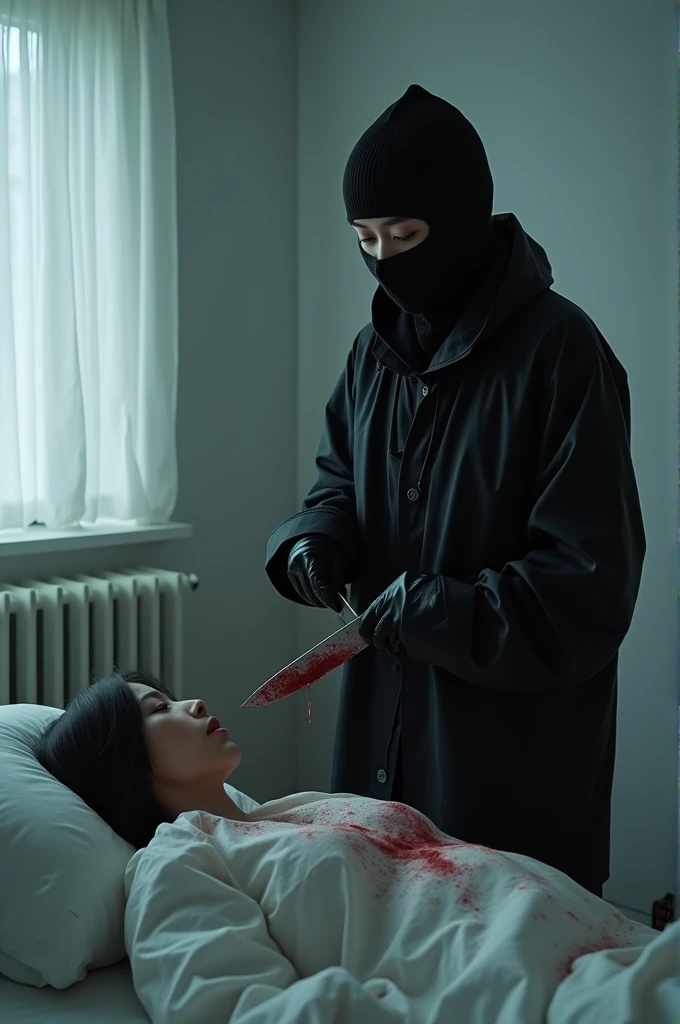 korean girl, (behind stiff, holding knife), stabbing, black balaclava mask, black leather gloves, bed room, black raincoat, girl only, holding knife, leather gloves, woman on top, behind cadaver, looking at viewer, blood splatter, white room, night, by the window mass murderer, killer, blood splatter, tripod and camera in the back, shooting with camera
