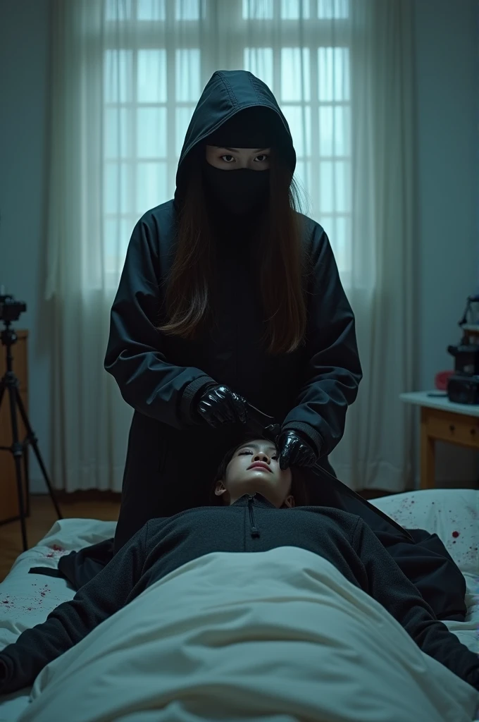 korean girl, (behind stiff, holding knife), stabbing, black balaclava mask, black leather gloves, bed room, black raincoat, girl only, holding knife, leather gloves, woman on top, behind cadaver, looking at viewer, blood splatter, white room, night, by the window mass murderer, killer, blood splatter, tripod and camera in the back, shooting with camera
