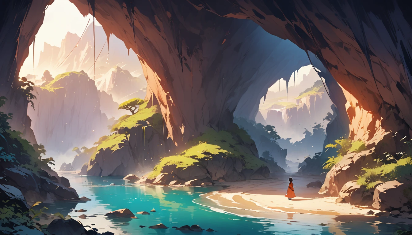 「Please draw a fantastical Ghibli-style landscape that matches Lofi music.。In the water that spreads inside the cave、The soft light of the setting sun shines in、The waves are gently swaying。The water surface is dyed in shades of orange and pink.、It creates a fantastic atmosphere。On the cave walls、The light of the setting sun is reflected、It creates a quiet beauty。This whole scene is、It gives the viewer a comfortable, relaxing feeling that makes them feel sleepy.、It has a calm and magical atmosphere.。」