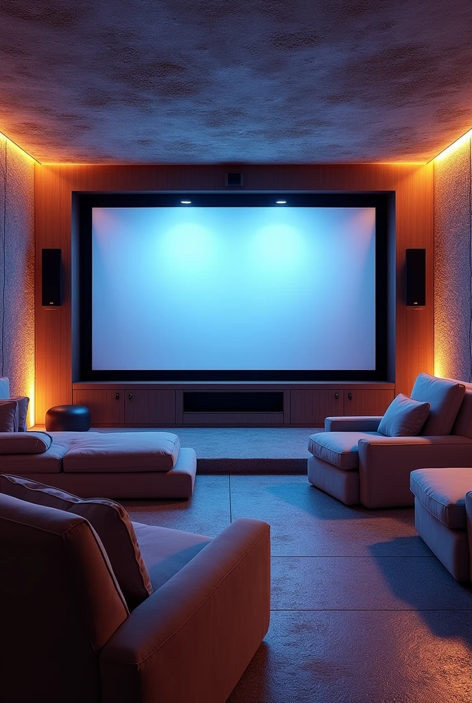 (masterpiece:1.2, Highest quality, Ultra-high resolution, Very detailed, Realistic, RAW Photos:1.2, Elaborate photos), 8k, wallpaper, (Ray Tracing), Santorini villa, (State-of-the-art home theater, Plush reclining seats, Floor lighting and acoustic paneling, Large screen with immersive sound system), A photo capturing the ultimate entertainment experience in a private cinema room, designed with comfort and cutting-edge technology in mind.