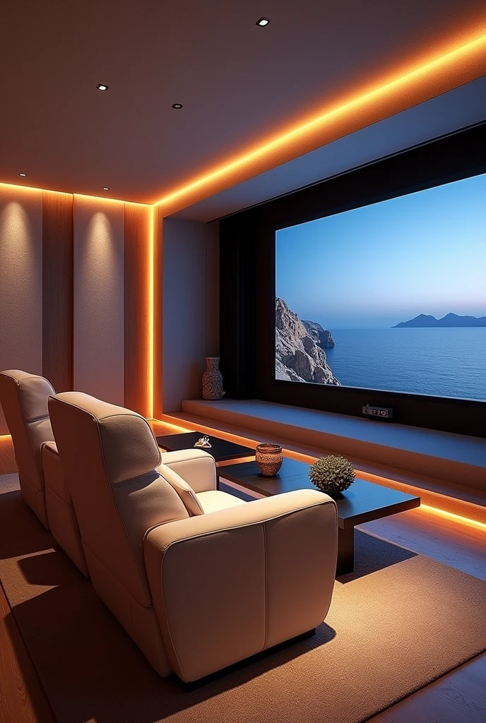 (masterpiece:1.2, Highest quality, Ultra-high resolution, Very detailed, Realistic, RAW Photos:1.2, Elaborate photos), 8k, wallpaper, (Ray Tracing), Santorini villa, (State-of-the-art home theater, Plush reclining seats, Floor lighting and acoustic paneling, Large screen with immersive sound system), A photo capturing the ultimate entertainment experience in a private cinema room, designed with comfort and cutting-edge technology in mind.
