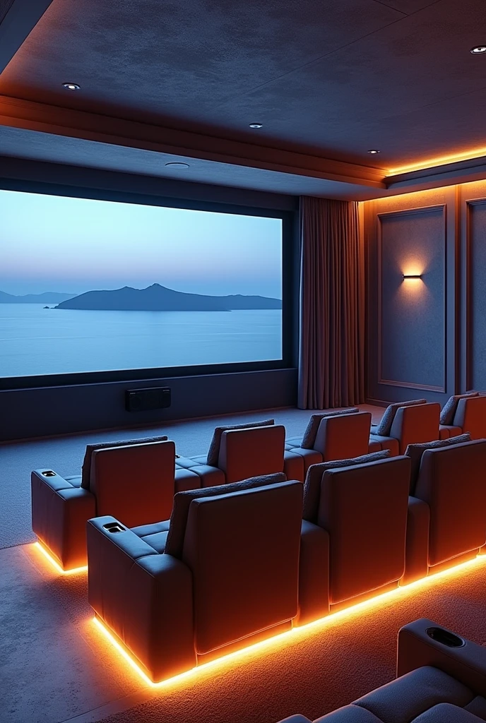 (masterpiece:1.2, Highest quality, Ultra-high resolution, Very detailed, Realistic, RAW Photos:1.2, Elaborate photos), 8k, wallpaper, (Ray Tracing), Santorini villa, (State-of-the-art home theater, Plush reclining seats, Floor lighting and acoustic paneling, Large screen with immersive sound system), A photo capturing the ultimate entertainment experience in a private cinema room, designed with comfort and cutting-edge technology in mind.
