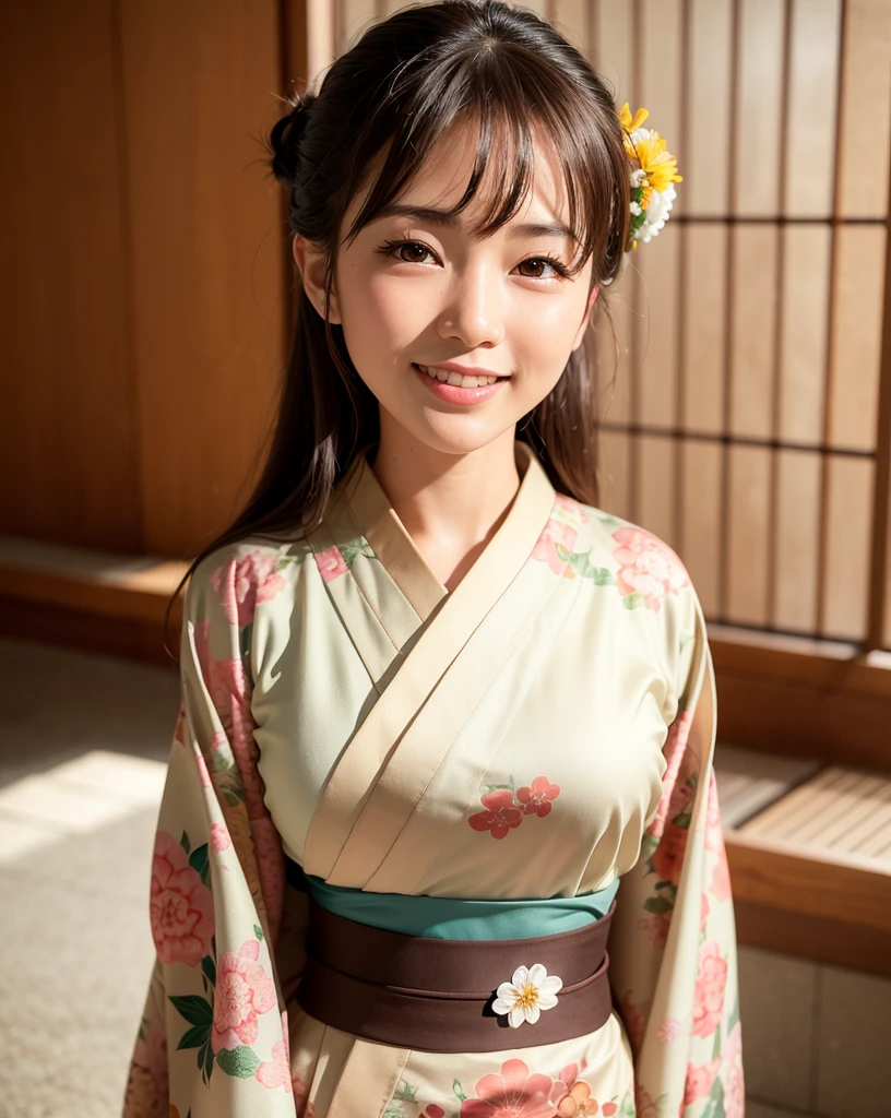 best quality, face focus, (depth of field) ,ultra high res, (photorealistic:1.4), RAW photo, Japanese-style room, alcove, hanging scroll
(portrait:1.4)
1japanese girl, solo, cute, smile, (brown eyes), natural face, (midi hair),
(kimono:1.5)