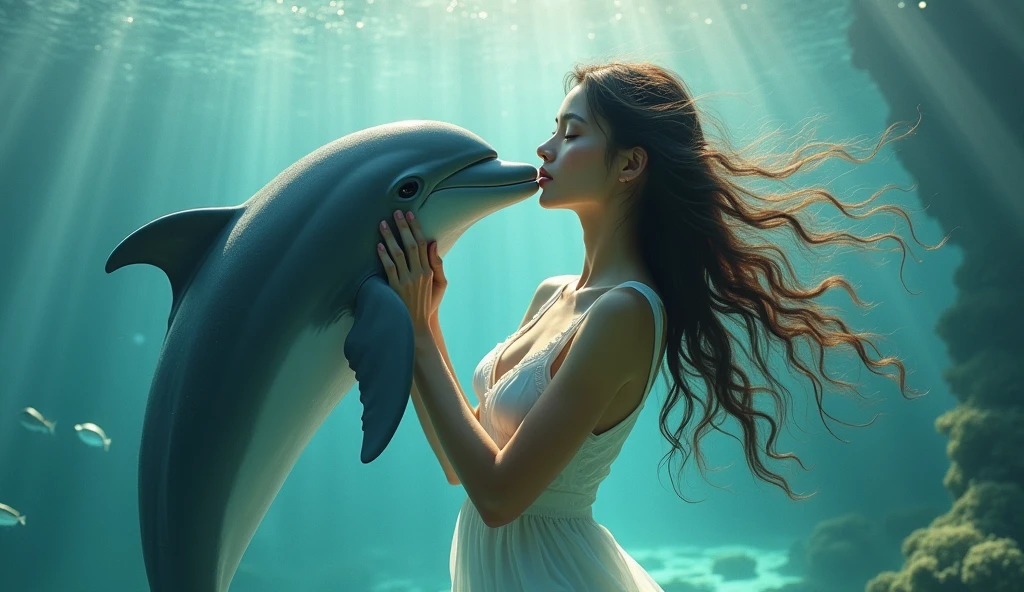 A woman is holding a dolphin、high resolution、
