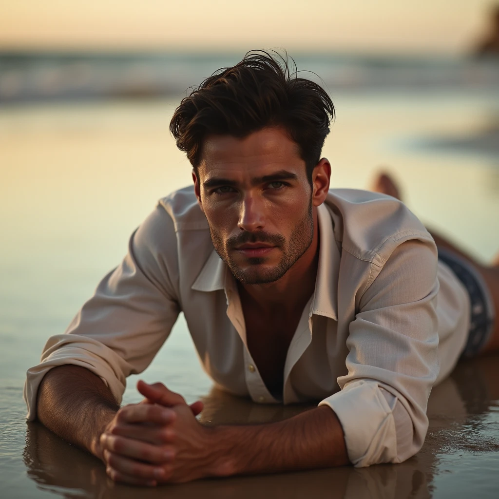 makes image of a white man, aged 35, model type, with short dark hair, with clear eyes, wearing a shirt buttoned up to the neck, posing sideways, wearing transparent boxers, lying on the wet sand on a beach in the Algarve