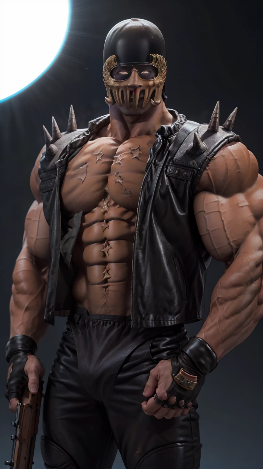 8k images、Jagi from Fist of the North Star(:1.5)、Bust、Black leather jacket、doping、Muscular、Fearless smile、The face of resentment、Glowing Eyes、Carrying a handheld shotgun、Bodybuilder build、Ruined buildings、strobe、Black background、Head close-up