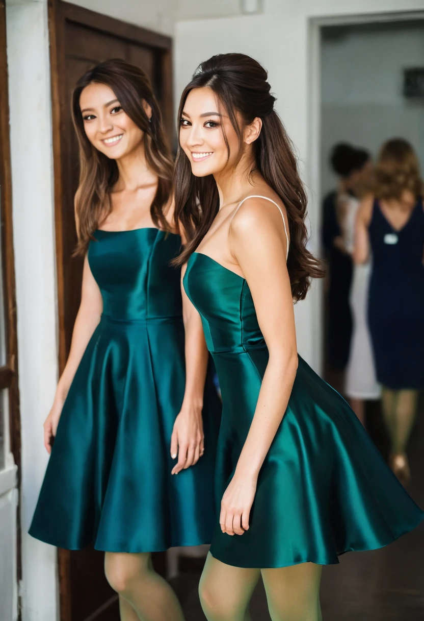 Two young brunette women, beautiful brown eyes. long brown hair. Short A-line bridesmaid dress made of shiny dark blue and dark green satin, Tights, 项链, transparent lip gloss, narrow building, Pretty, 2, Full body photo, long legs, Satin top, dancing at a party, the two women look stunning. is enthusiastic. In the background are wedding guests