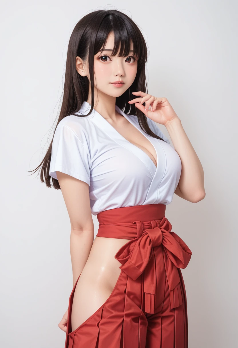 score_9,score_8_up,score_7_up,(pastel-color),(high brightness colors),Cute 20-year-old Japanese 1 girl,solo,(8k, masterpiece, ultra-detailed, best quality, ultra high res, newest, very aesthetic, absurdres, illustration, perfect composition),(hires),looking at viewer,black hair,shiny skin,fair skin,(upper body:1.5),toothless smilev,emphasizing her curvy body and large breasts,(Hakama:1.5),(sexy pose:1.5)
