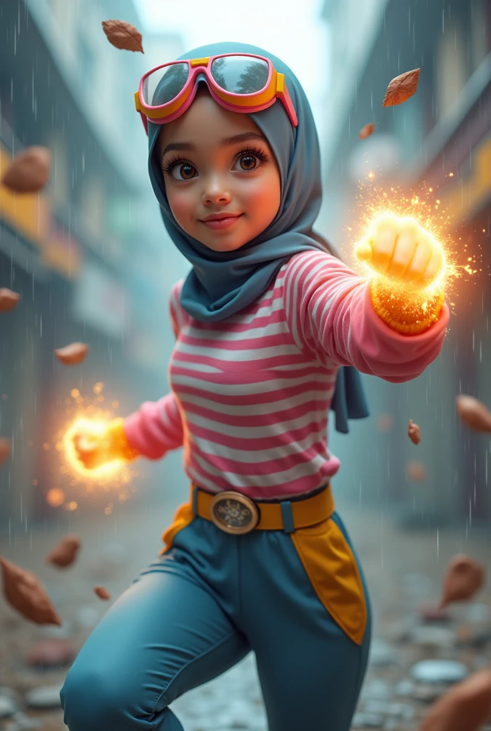 Malaysia women a realistic masterpiece. Human .wear pint watch.. 1girl wearing a hijab, detailed beautiful face, Hijab Muslim. Wear long sleeve moder design pink white pink stripe white. anger face, minimalist flower on shirt. Enger face. Open mouth. Glowing power pink. . Wear pink white.small Safety Pink yellow glasses google spectacle top of the head rubber band. Age 15 year old. Flying position. Fast fly. Panning effect Photography . Jump on and have a super strong power.. punch . Fight pose. Bokeh background.glowing fist.. At the city. Bad waether. , detailed lips, long eyelashes. Hero, modest expression, delicate facial features, natural skin tones, , detailed folds and textures of hijab, natural lighting, high quality, photorealistic, 8k, best quality. Malaysia girl. Floating small stone and dry leave. Chinese girl average age 15 year old wear jumpa shuit high tech(( blue yellow)). Running effect. Glowing yellow power. Runfast effect. Wear blue big glasses big frame. Braces teeth. Boleh background. Panning effect. Yellow high tech watch.