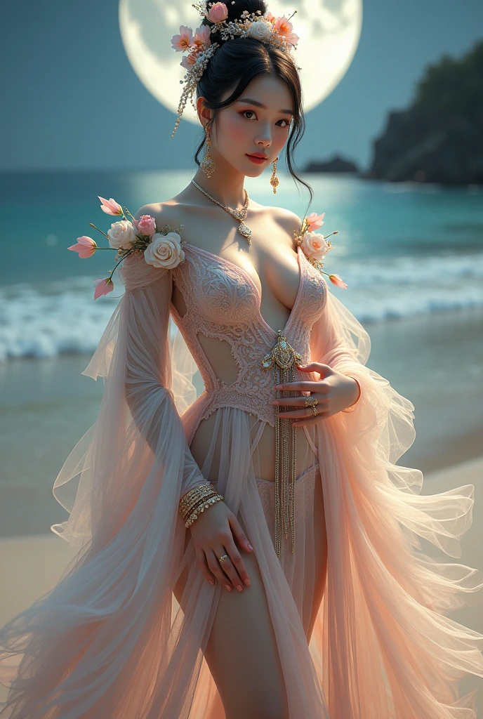 Chinese girl with coins gold , thick body, curvy body, curvy waist, big breast, white skin, gorgeous costumes embroidered with intricate embroidery, exposed breasts, flowing tulle, transparent long colorful ribbons tied on the arms, sheer fabric, transparent dress, sheer dress inspired by cinderella, showing navel, bare shoulders, bare neck, hair in a high bun with flower hairpins, ribbons on arm rings, wreaths, bracelets, anklets, high heels, metal chain tassels on the waist, Mogao Grottoes art, ink painting, cgstation pop, in the night beach, ((fullbody)), ((super realistic))