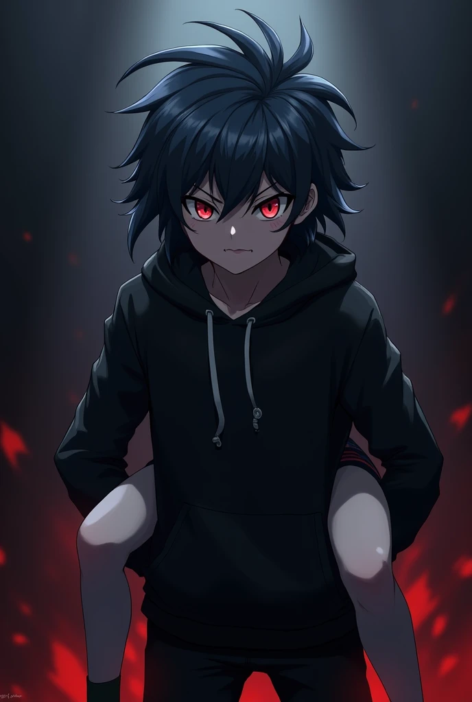 A boy ((( Anime boy , Spiky hair , black hair , black hoodie , blood red eyes , narrowed eye
))) , A girl ((( Anime girl , dark blue hair , modern day mullet hair style , black hoodie , red eyes , almond eye ))) , boy carrying girl , girl behind boy , piggy back ride , dark background