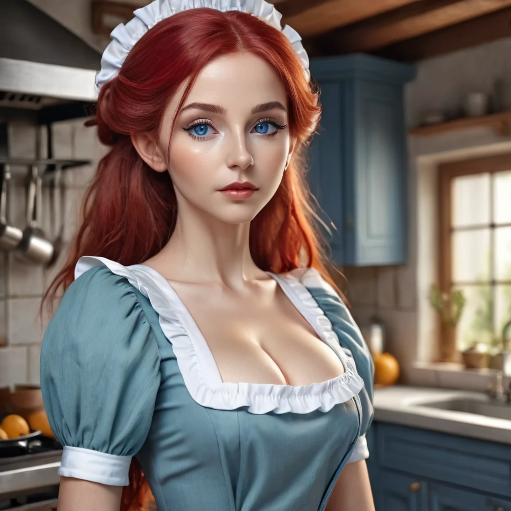 ((ultra quality)), ((Masterpiece)), ((8K)), ((elf house worker)), ((long red hair)), (Beautiful face), (Dark lips), charming, ((sexy facial expression)), looks at the camera, eyes closed a little, (skin color dark blue), (dark blue skin), glare on the body, ((detailed beautiful female eyes)), ((Light blue eyes)), (beautiful female lips), (dark eyeliner), (beautiful female hands), ((Ideal female figure)), Ideal female body, beautiful waist, beautiful hips, Medium breasts, (cloth: housemaid costume), ((subtle and beautiful)), stands temptingly (face close up), background: big fantasy, house kitchen, ((depth of field)), ((high quality clear image)), (clear details), ((High detail)), realistically, ((Clear Focus))