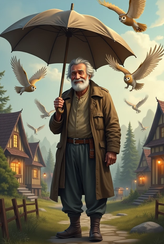 elderly man with old clothes happy holding umbrella on background owls flying and inns