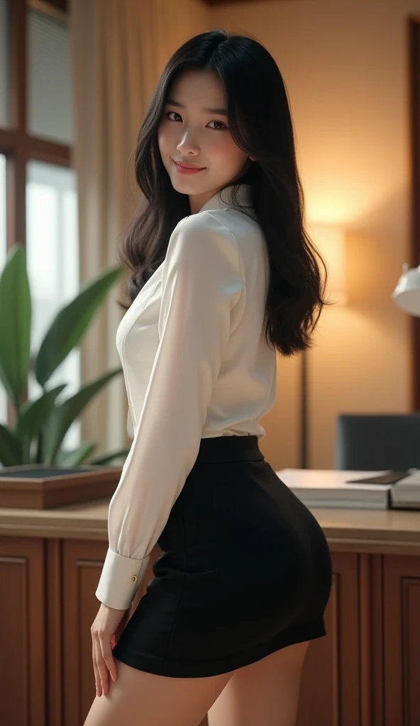 a beautiful young japanese office lady, 2, wearing a tight black mini skirt and a white blouse, her chest is very large, she is smiling, in an office setting, (best quality,4k,8k,highres,masterpiece:1.2),ultra-detailed,(realistic,photorealistic,photo-realistic:1.37), elegant, professional, intricate details, warm lighting, beautiful background, cinematic, dynamic pose