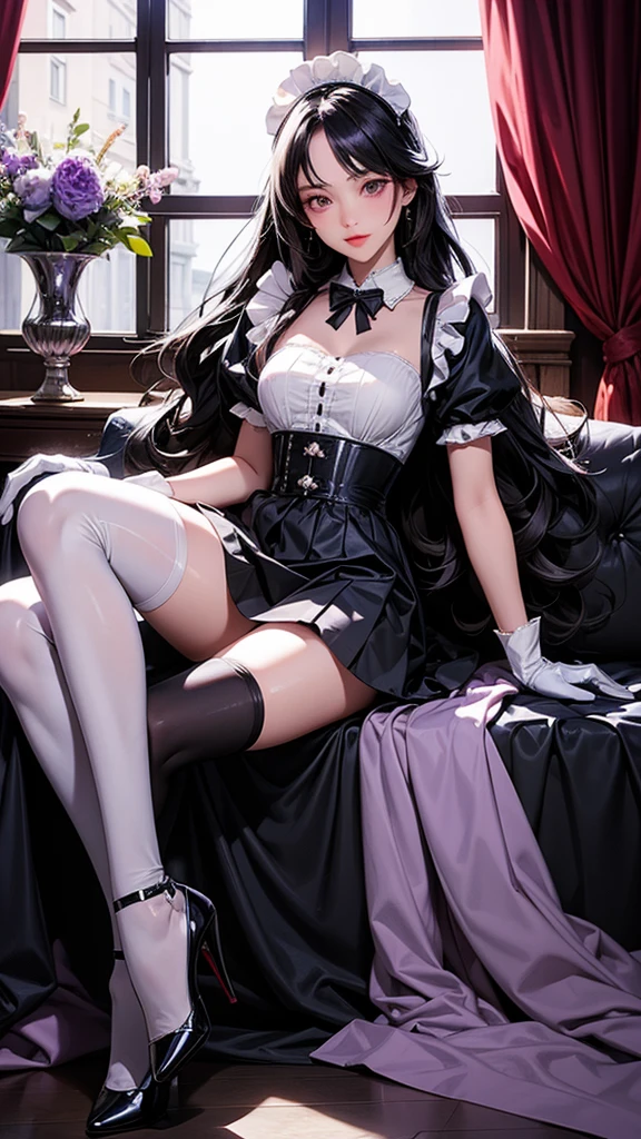 cinematic, 
professional art of a cute girl, girl stay in the rich room, 
maid headdress, maid outfit, black gloves, black thighhighs, high heels, 
long skirt, long hair, amethyst eyes, 
