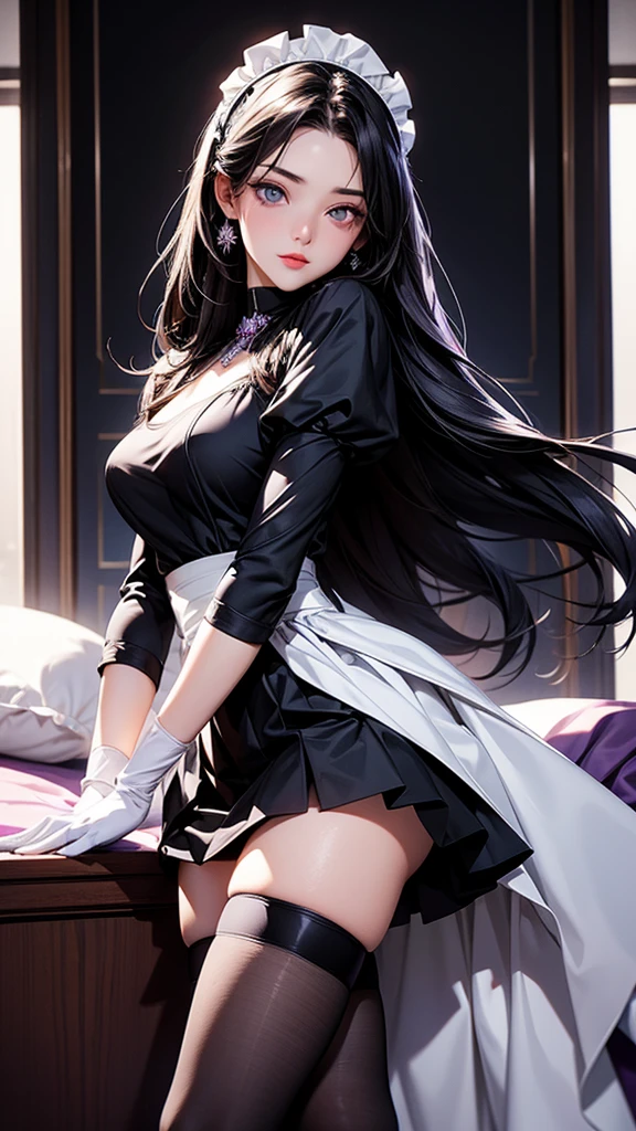 cinematic, 
professional art of a cute girl, girl stay in the rich room, 
maid headdress, maid outfit, black gloves, black thighhighs, high heels, 
long skirt, long hair, amethyst eyes, 
