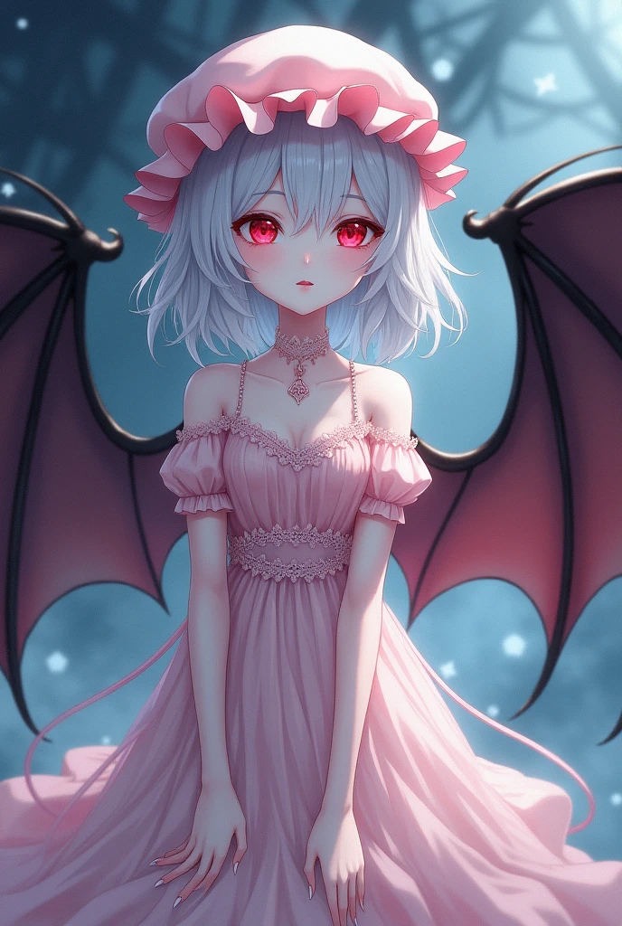 vampire Girl Pale blue, medium length Red eyes It has wings A hat with frills She is wearing a light pink outfit with a skirt that is one piece. White skin cool