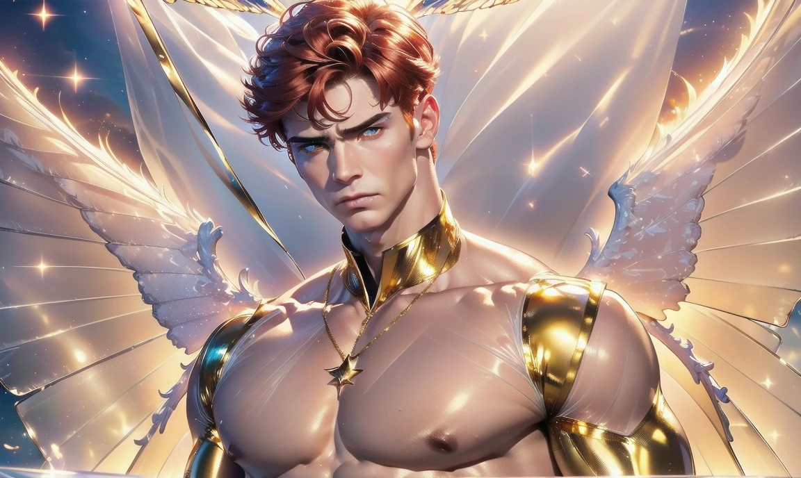 [((highly detailed, detailed eyes, detailed face, clear and realistic facial features, photorealistic, realistic light, cinematic, looking at you)), (1 man), (((((Gorgeous perfect sexy powerful masculine male angel with see-thru transparent wings))))), (((there are two golden transparent barely-visible angel wings at his back))), ((((short sexy red hair)))), ((((pale yellow eyes)))), ((30 year old)), ((wearing flattering gold and white clothes)), (((aura of divine power))), standing in a cozy apartment at nighttime, ((light blush)), (((((wearing a clearly indignant expression)))))]