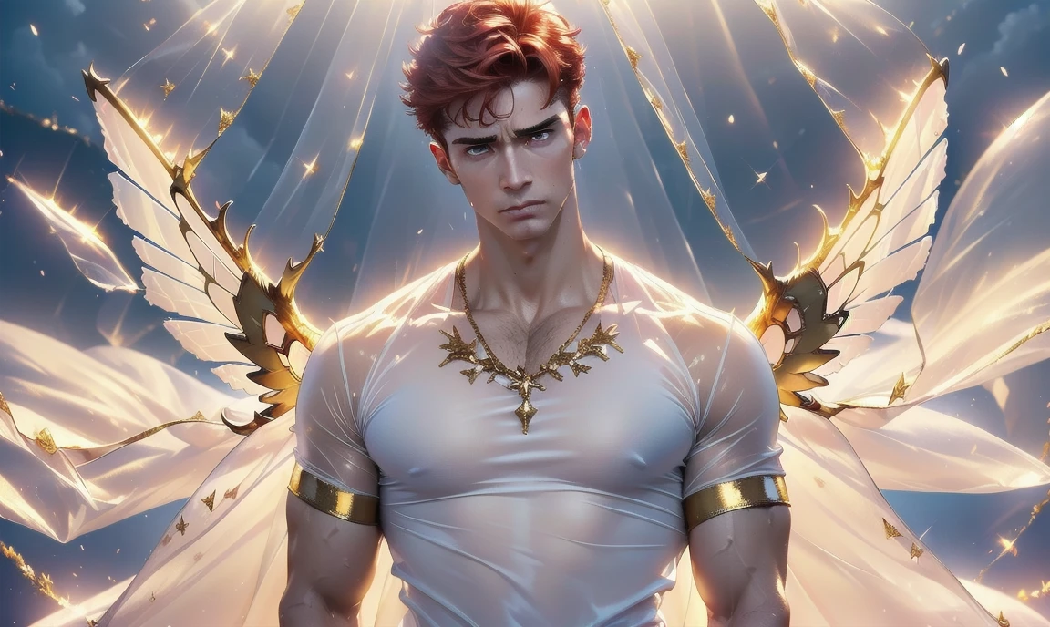 [((highly detailed, detailed eyes, detailed face, clear and realistic facial features, photorealistic, realistic light, cinematic, looking at you)), (1 man), (((((Gorgeous perfect sexy powerful masculine male angel with see-thru transparent wings))))), (((there are two golden transparent barely-visible angel wings at his back))), ((((short sexy red hair)))), ((((pale yellow eyes)))), ((30 year old)), ((wearing flattering gold and white clothes)), (((aura of divine power))), standing in a cozy apartment at nighttime, ((light blush)), (((((wearing a clearly indignant expression)))))]