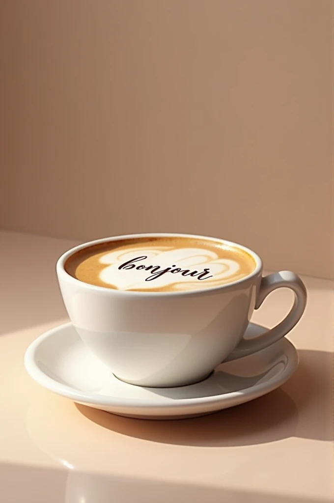 A cappuccino cup with ̈Bonjour written on the mousse