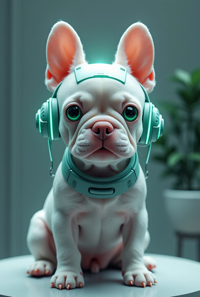 a light grey french bulldog sitting with green eyes, technological with the design of DJ Marshmallow on the head and with the name highlighted "Digital
Marsh"