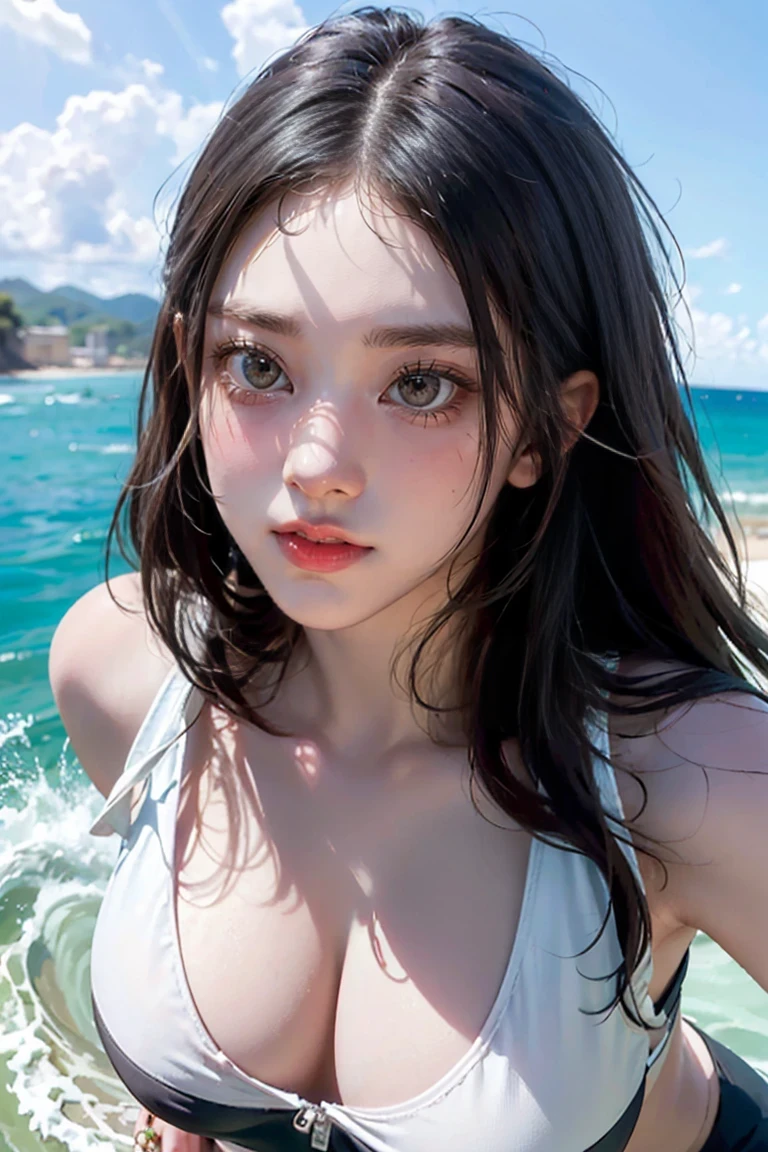 One Girl,A person surfing a big wave, Ocean waves crashing, sunny ocean, Dramatic sky with clouds, Slim and sexy body, Surfers riding the waves, extreme action, Ocean Spray, Wetsuits, Perfect waves, Dynamic Movement, Vibrant colors, photoRealistic, 8k, (Highest quality, 4K, 8k, High resolution, masterpiece:1.2), Very detailed, (Realistic, photoRealistic, photo-Realistic:1.37), High resolution, 超High resolution, Studio Lighting, Very detailed explanation, Professional, Vibrant colors, Action Shots, Sea view,(((Large Breasts))), (((Adult body))),
